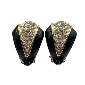 Oscar de la Renta Vintage Signed Black Enamel & Crystal Clip-On‎ Earrings